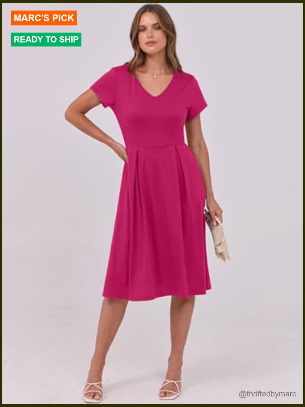 Women's A-Line Midi Dress with Pockets, V-Neck Short Sleeve Casual Summer Dress - Picture 4 of 7
